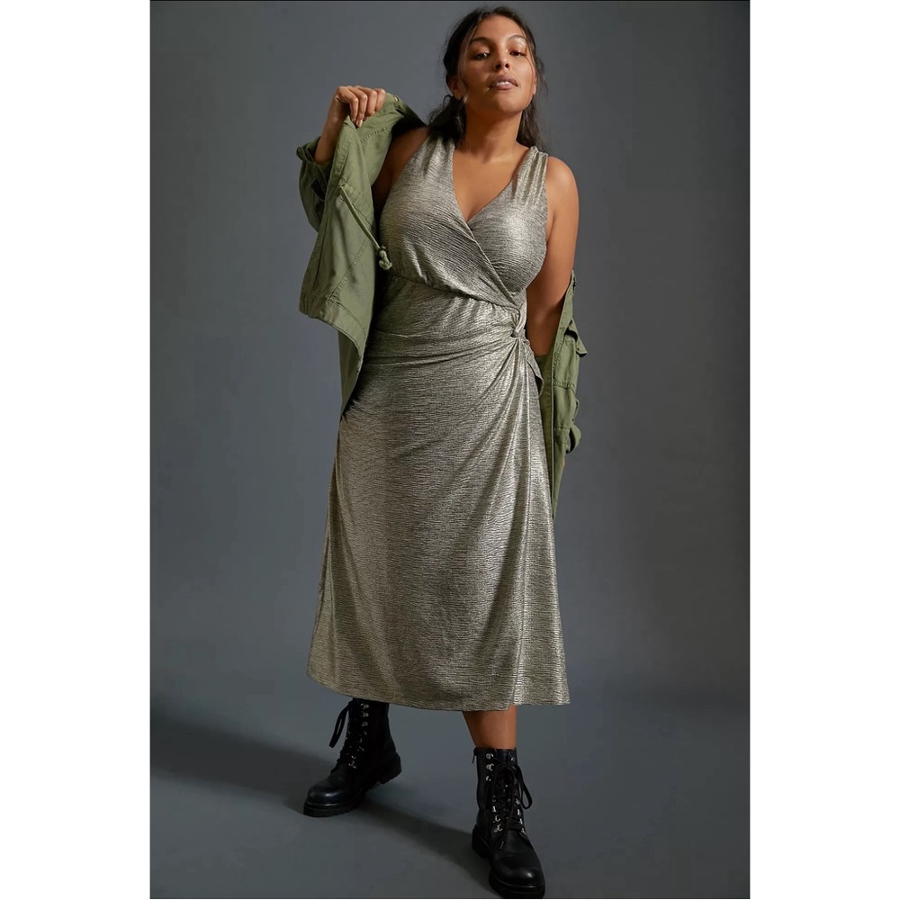 Anthropologie Kari Metallic Midi Dress Gold NWT SZ 2X - Picture 2 of 15